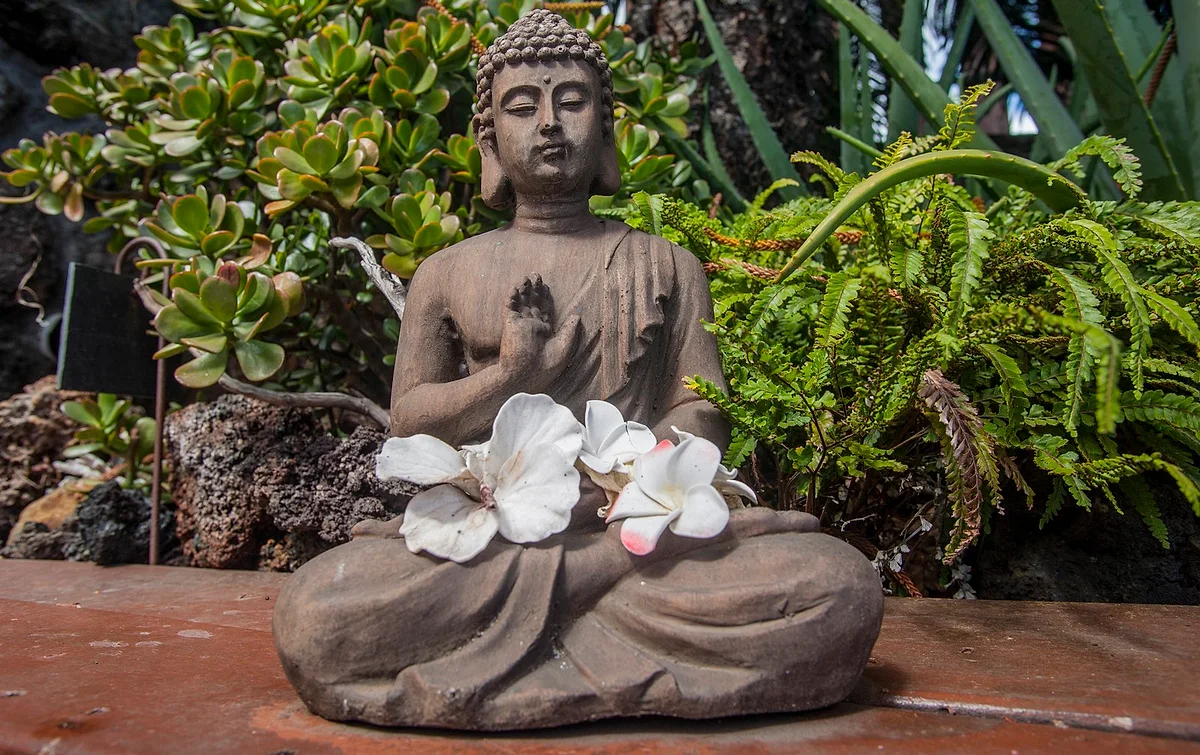 Un bouddha de pierre entouré de fleurs de frangipanier